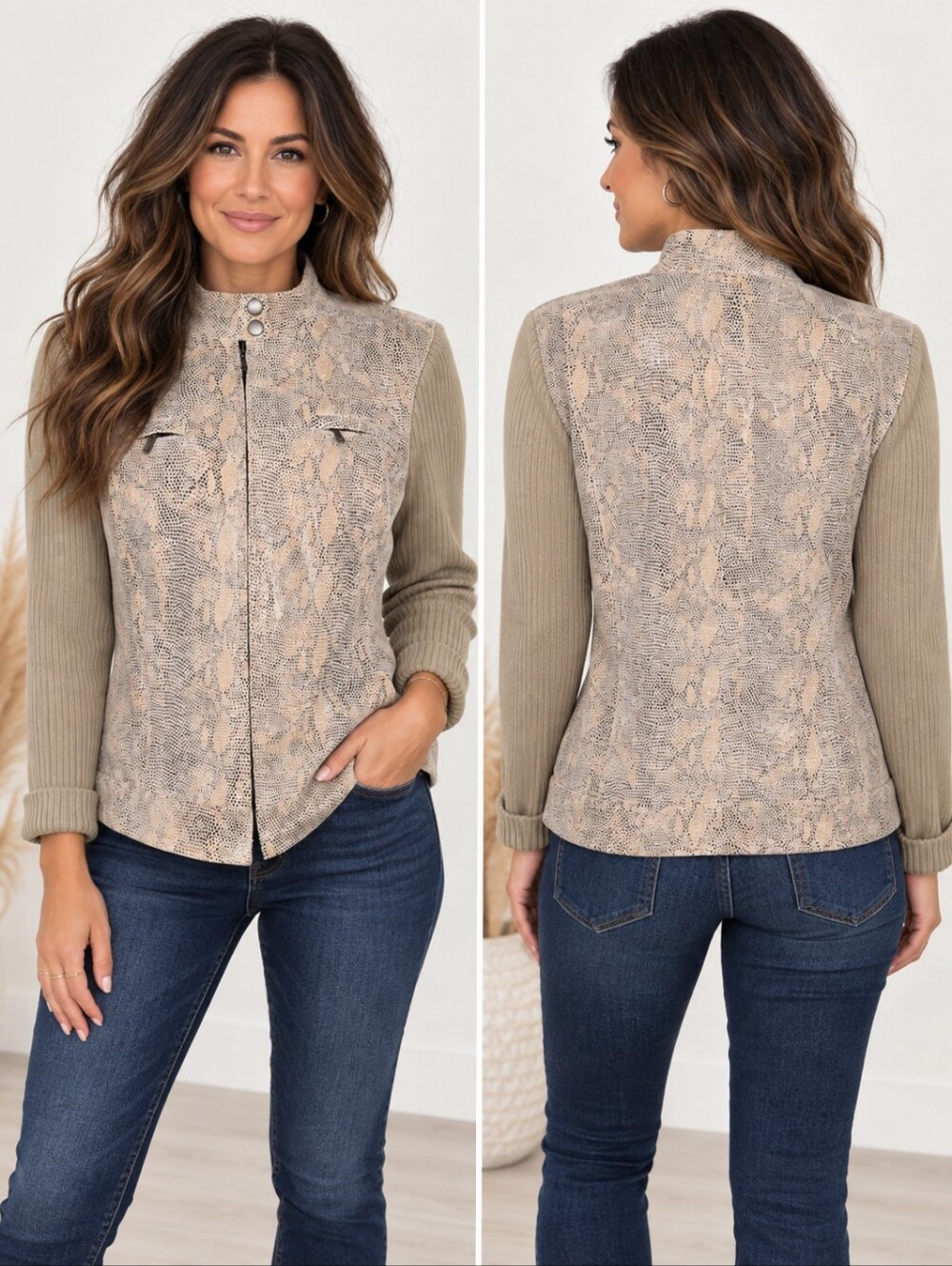 Alfani Beige Snakeskin Leather Moto Jacket Ribbed Sleeves Mix Media Med Petite